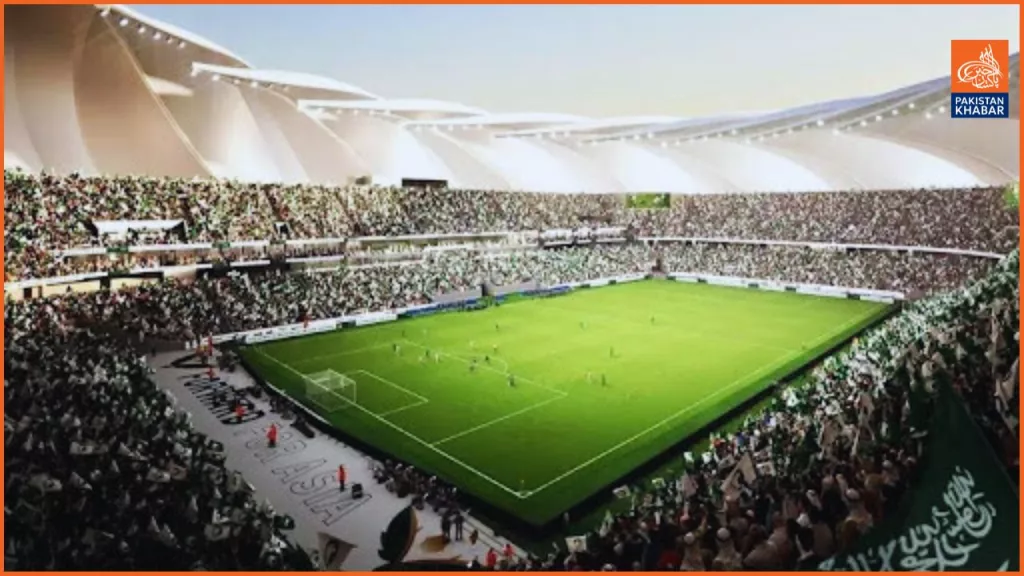 The image shows a mock-up of the future Aramco Stadium, in partnership with SIS Pitches.